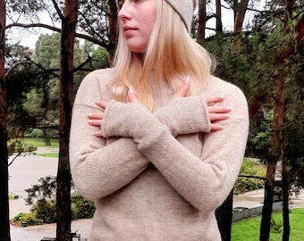 Alpaca Silk Sweater with Wrist Warmers: Hand Knit warm women pullover