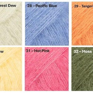 May include: A collection of six yarn samples in various colors. The colors include Rainforest Dew, Pacific Blue, Tangerine, Yellow, Hot Pink, and Moss Green. Each sample has a corresponding number and color name printed on it.