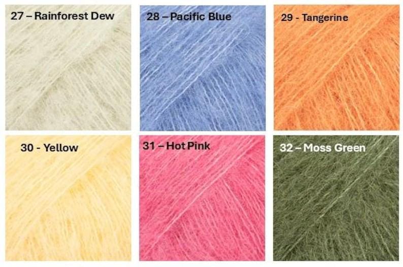 May include: A collection of six yarn samples in various colors. The colors include Rainforest Dew, Pacific Blue, Tangerine, Yellow, Hot Pink, and Moss Green. Each sample has a corresponding number and color name printed on it.