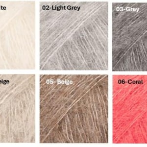 May include: A collection of six yarn samples in various colors. The colors include off-white, light grey, grey, light beige, beige, and coral. Each sample is labeled with its color name and number.