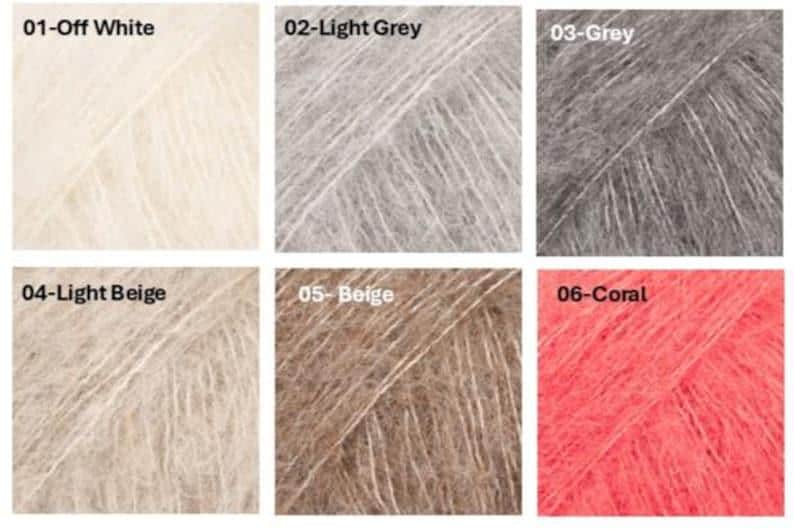May include: A collection of six yarn samples in various colors. The colors include off-white, light grey, grey, light beige, beige, and coral. Each sample is labeled with its color name and number.