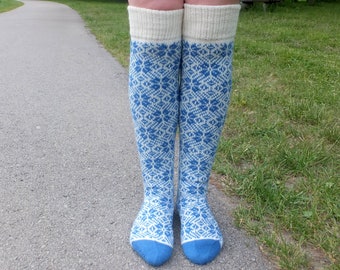 Long Wool socks with Scandinavian Patterns. Knit long socks. Women wool socks
