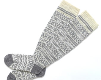 Hand Knit Wool Over-the-Knee Socks, Patterned Winter Warmers