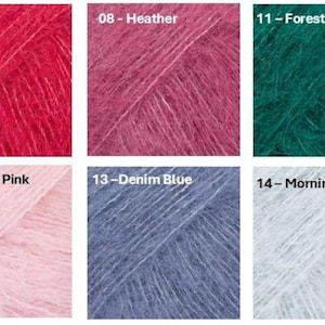 May include: A collection of six yarn samples in various colors. The colors include red, heather, forest green, powder pink, denim blue, and morning mist. Each sample is labeled with a number and color name.