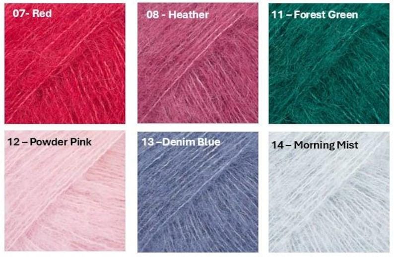 May include: A collection of six yarn samples in various colors. The colors include red, heather, forest green, powder pink, denim blue, and morning mist. Each sample is labeled with a number and color name.
