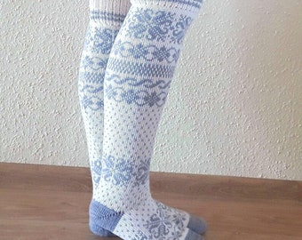 Hand Knit Long Wool Socks: Patterned Winter Socks