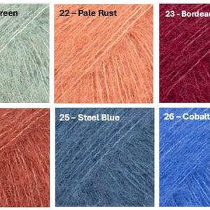 May include: A collection of six yarn samples in various colors. The colors are labeled: Sage Green, Pale Rust, Bordeaux, Rust, Steel Blue, and Cobalt Blue. Each sample is a square of fluffy yarn.