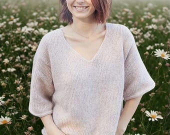 Alpaca Silk Blend V-Neck Sweater: Short Sleeve Knit Pullover for Women