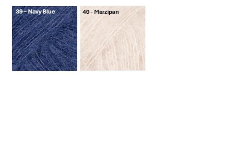 May include: Two square swatches of yarn. The left swatch is navy blue, labeled "39 - Navy Blue." The right swatch is off-white, labeled "40 - Marzipan." Both swatches display the texture of the yarn.