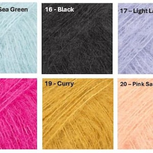 May include: A collection of six yarn samples in various colors. The colors include light sea green, black, light lavender, cerise, curry, and pink sand. Each sample is labeled with a number and color name.