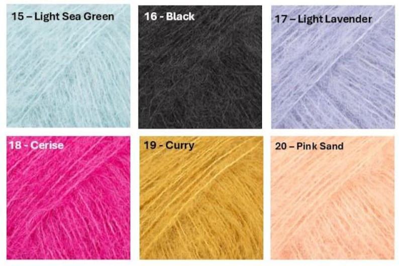 May include: A collection of six yarn samples in various colors. The colors include light sea green, black, light lavender, cerise, curry, and pink sand. Each sample is labeled with a number and color name.