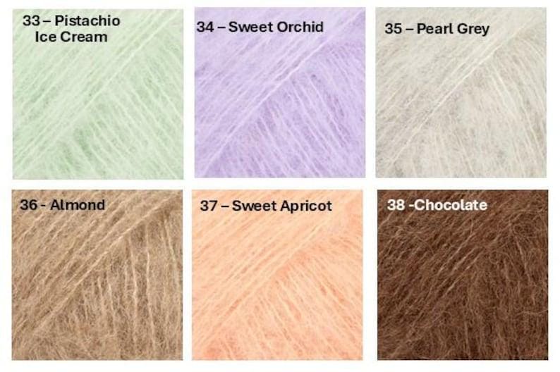 May include: A collection of six yarn samples in various colors. The colors include Pistachio Ice Cream, Sweet Orchid, Pearl Grey, Almond, Sweet Apricot, and Chocolate. Each sample is labeled with a number and color name.