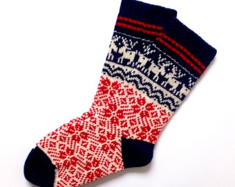 Hand Knit Wool Christmas Socks, Reindeer Pattern, Warm Gift