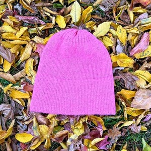 May include: A bright pink knit beanie hat. The hat is made of a soft, textured material and is set against a backdrop of colorful autumn leaves in shades of yellow, brown, and green. The hat is a solid color and has a simple, classic design.