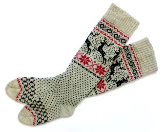 Hand Knit Wool Socks: Long Gray Deer Pattern, Christmas Gift-Wrap