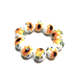 10 pc - 10 mm Round ceramic porcelain Sunflower golden yellow flower beads black unique hand-painted beading jewelry craft supplies