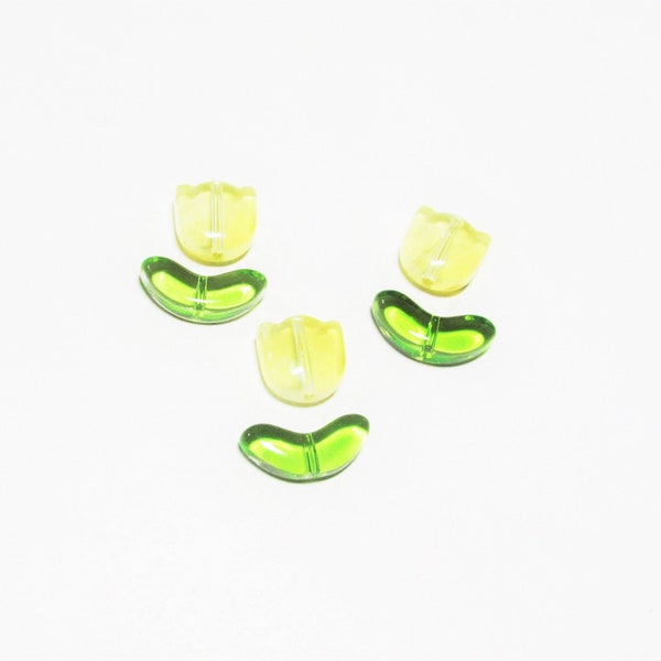 6 pc - 8 - 13 x 6 mm Tulip yellow light yellow leaf lampwork glass handcrafted beads green unique beading jewelry craft supplies miniature