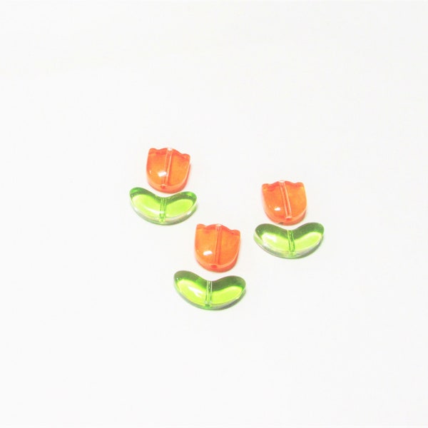 6 pc 8-13x6 mm Tulip orange green flower leaf lampwork glass beads unique glass handcrafted beading jewelry craft supplies gift