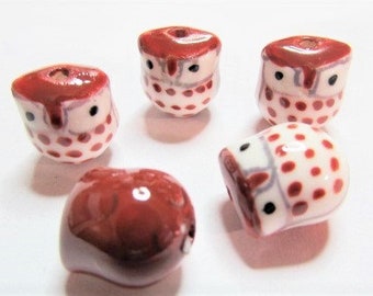6 Porcelain Hand Painted Light Brown 16x15mm Puppy Dog Beads