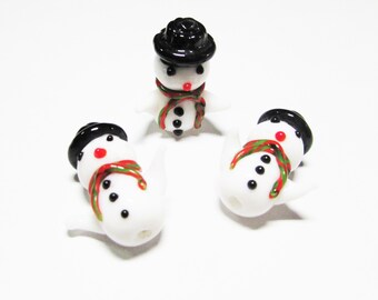 Lot UU DESTASH Seven Coordinating Red and White Snowman and Snowflake Lampwork Beads