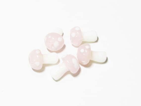 4pc Approx. 12-14mm Lampwork Glass Mushroom Beads, Pink/White
