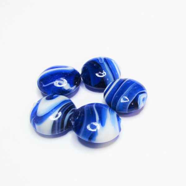 5 pc - 19-20 mm, lampwork glass, glass, dark blue, coin, white, stripe, swirl, beads, beading, unique, jewelry, craft, supplies