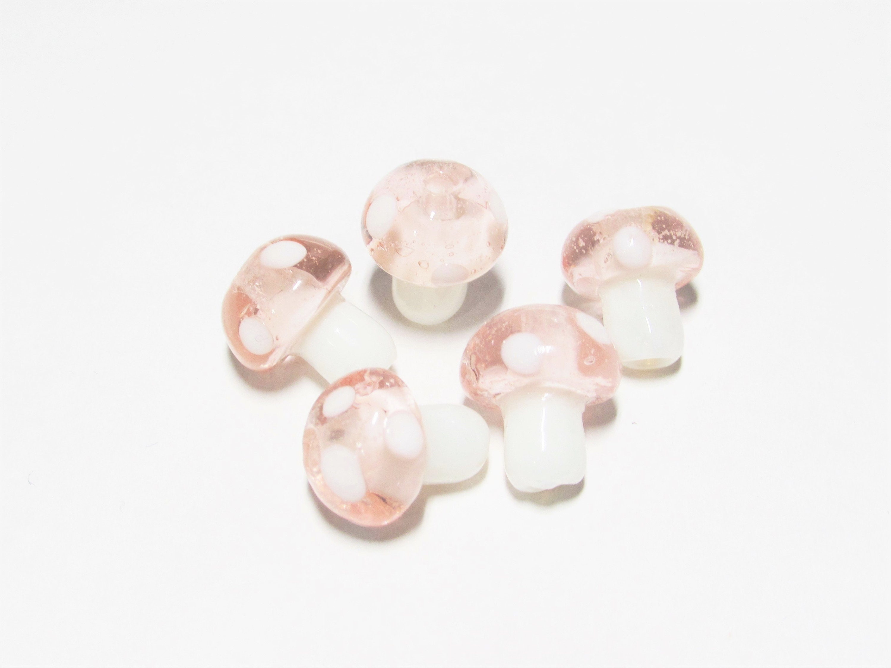 4pc Approx. 12-14mm Lampwork Glass Mushroom Beads, Pink/White