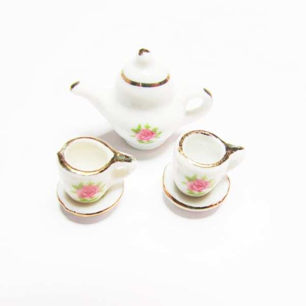 5 pc - 10-33 mm Tea set miniature porcelain ceramic white pink rose gold  beads beading supplies jewelry supplies craft supplies gift