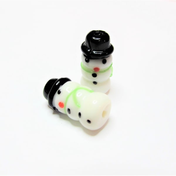 2 pc - 22-23 mm, Lampwork, glass, individually crafted, Snowman, white, black, green, miniature, beads, beading, craft, jewelry, supplies