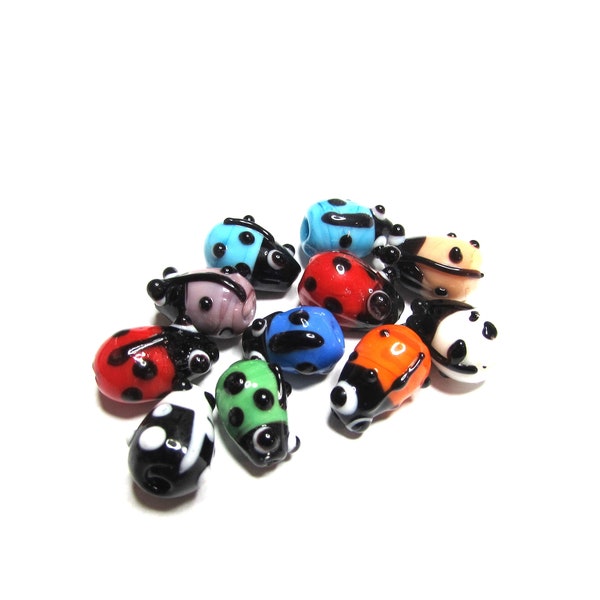 11 pc - 15-16 mm, Ladybug, lampwork glass, glass, mix color, miniature, unique, handcrafted, beads, beading, craft, jewelry, supplies