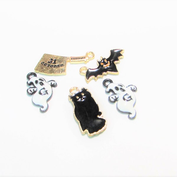 5 pc - 20-23 mm, Halloween, metal, enamel, charms, ghost, owl, bat, hatchet, GP, charms, beads, beading, jewelry, craft, supplies