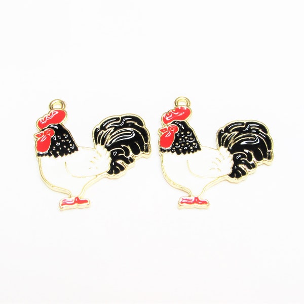 2 pc - 24 x 21 mm Rooster chicken enamel GP metal charms beads miniature beading supplies jewelry supplies craft supplies animal gift