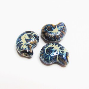 3 Nautilus shell brown tan blue snail ceramic porcelain beads beading supplies jewelry supplies  craft supplies gift sea life