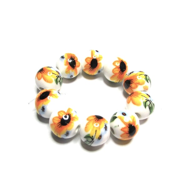 10 pc - 9 - 10 mm Sunflower golden yellow ceramic porcelain round flower beads black unique hand-painted beading jewelry craft supplies