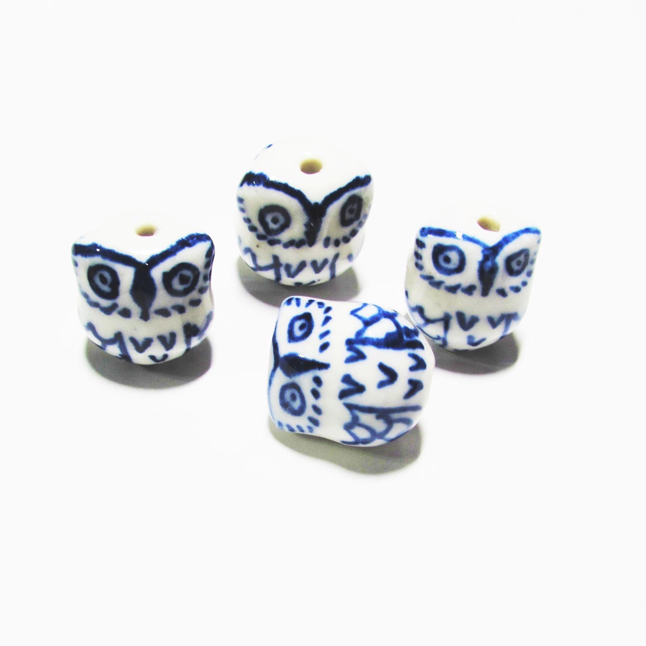 Blue White Owl Beads - 18-19 mm Ceramic Bird Craft Supplies   (4 pc)