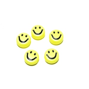 5 pc - 7 mm Smiley Face acrylic light yellow black round flat beads beading jewelry  craft supplies gift miniature