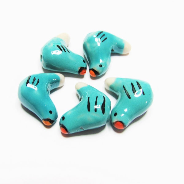 5 pc - 18 - 19 mm x 15-16 mm Bird teal ceramic porcelain beads animal jewelry craft beading miniature individually painted unique