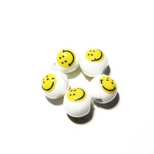 5 pc - 9 mm Smiley Face ceramic porcelain yellow white round beads beading jewelry  craft supplies gift