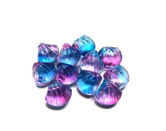 Clam Shell Beads - 10 mm Glass Blue Turquoise Pink Beading Supplies  (11 pc)