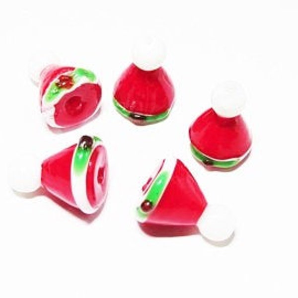 5 pc - 18 mm, Lampwork, glass,  Mrs. Santa, hat, red, Santa, Christmas, beads, beading supplies, jewelry supplies, craft supplies