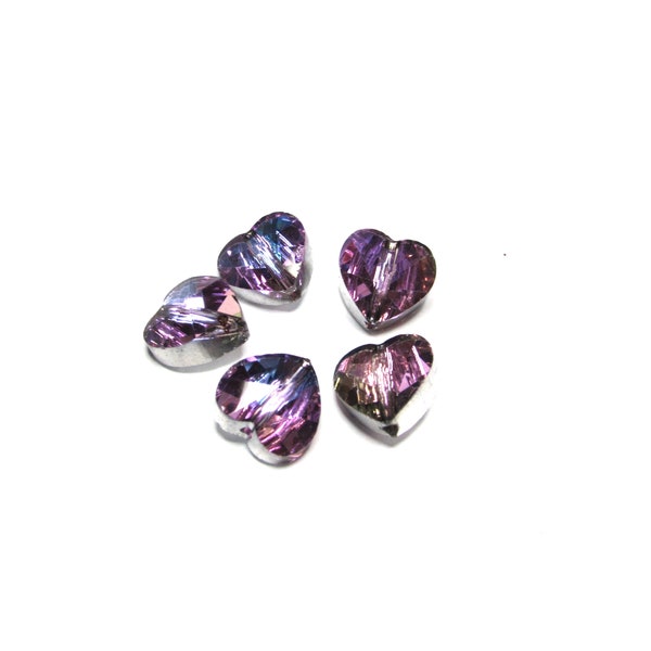 5 pc - 10 x 6 mm Heart purple facet glass mirror finish love gift Valentines Day beads beading supplies jewelry supplies craft supplies