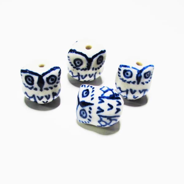 4 pc -16-17 mm Owl dark blue white ceramic porcelain beads unique individually painted  beading crafting jewelry supplies bird miniature