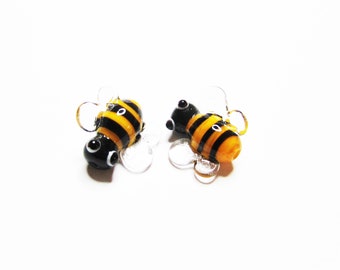 2 pc - 14-15 mm Bee golden yellow black lampwork glass miniature unique handcrafted glass beads beading craft jewelry supplies gift animal