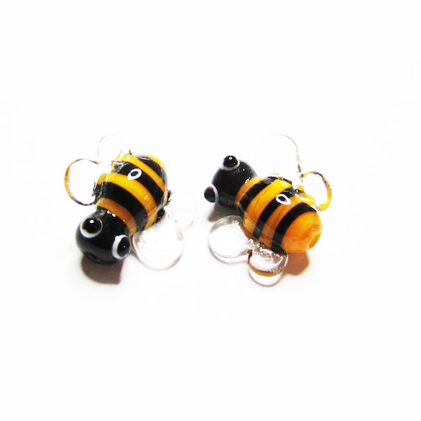 2 pc - 14-15 mm Bee golden yellow black lampwork glass miniature unique handcrafted glass beads beading craft jewelry supplies gift animal