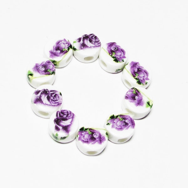 10 pc - 8-9 mm Round flat Rose flower purple white ceramic porcelain individually painated beads, beading jewelry craft supplies unique