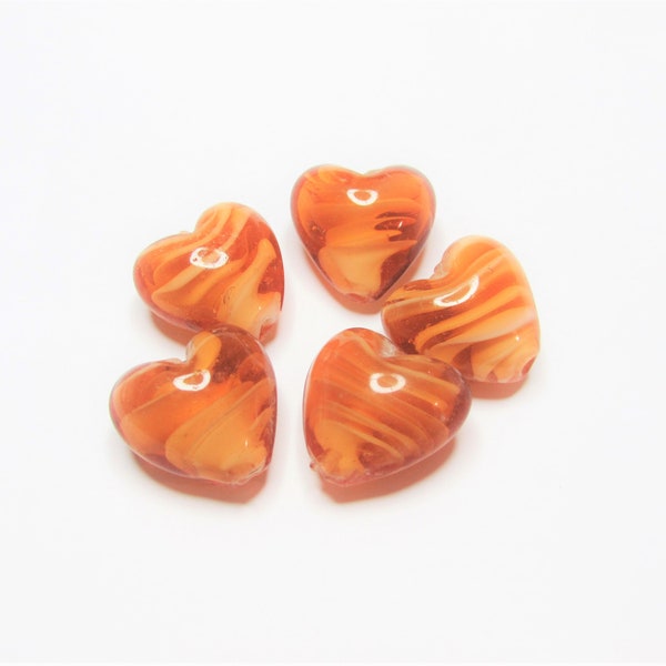 5 pc - 19-20 mm Heart caramel lampwork glass white swirl beads beading unique jewelry craft supplies handcrafted Valentines Day gift love