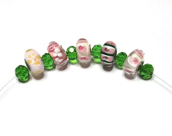 11 pc- 8 - 13 mm Rondelle pink green flower lampwork glass large hole glass beads beading jewelry  craft supplies handcrafted unique