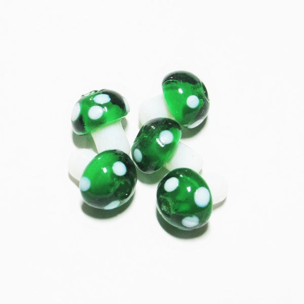 5 pc - 13 mm Mushroom lampwork glass unique handcrafted miniature dark green white beads beading jewelry craft supplies gift