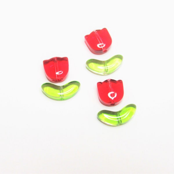 6 pc - 8 - 13 x 6 mm Tulip red green leaf lampwork glass unique handcrafted beads flower miniature beading jewelry craft supplies 2-part