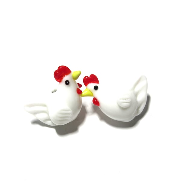 2 pc - 19-21 mm Rooster white red lampwork glass unique handcrafted miniature beads beading craft jewelry supplies gift bird chicken